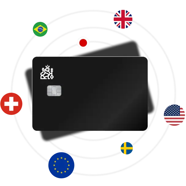 Cards with multiple currency flags showing international support