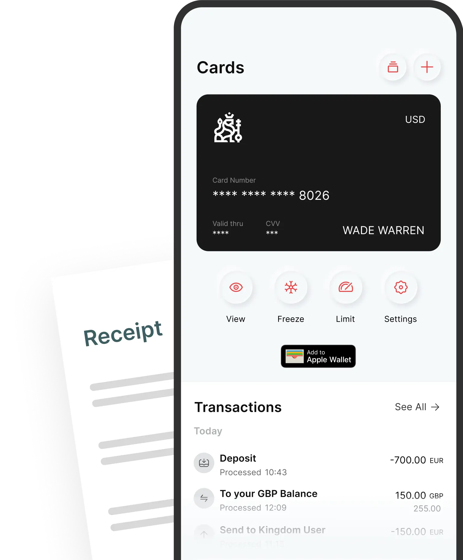Mobile app interface showing card management features